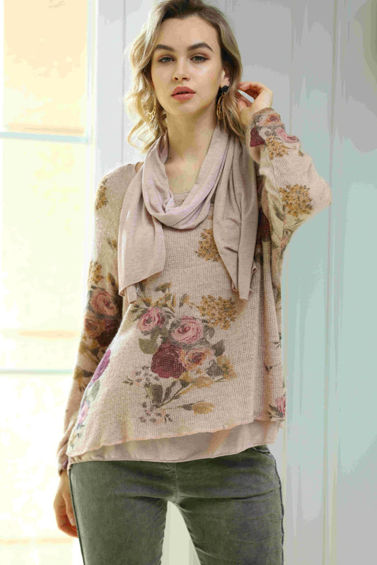 LONG SLEEVE FLORAL PRINT SWEATER WITH SCARF